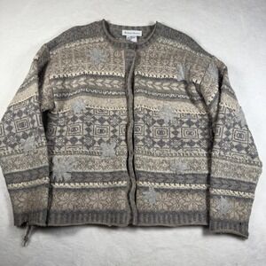 Vintage Robert Scott Cardigan Sweater Womens Small Gray Wool Fair Isle Snowflake